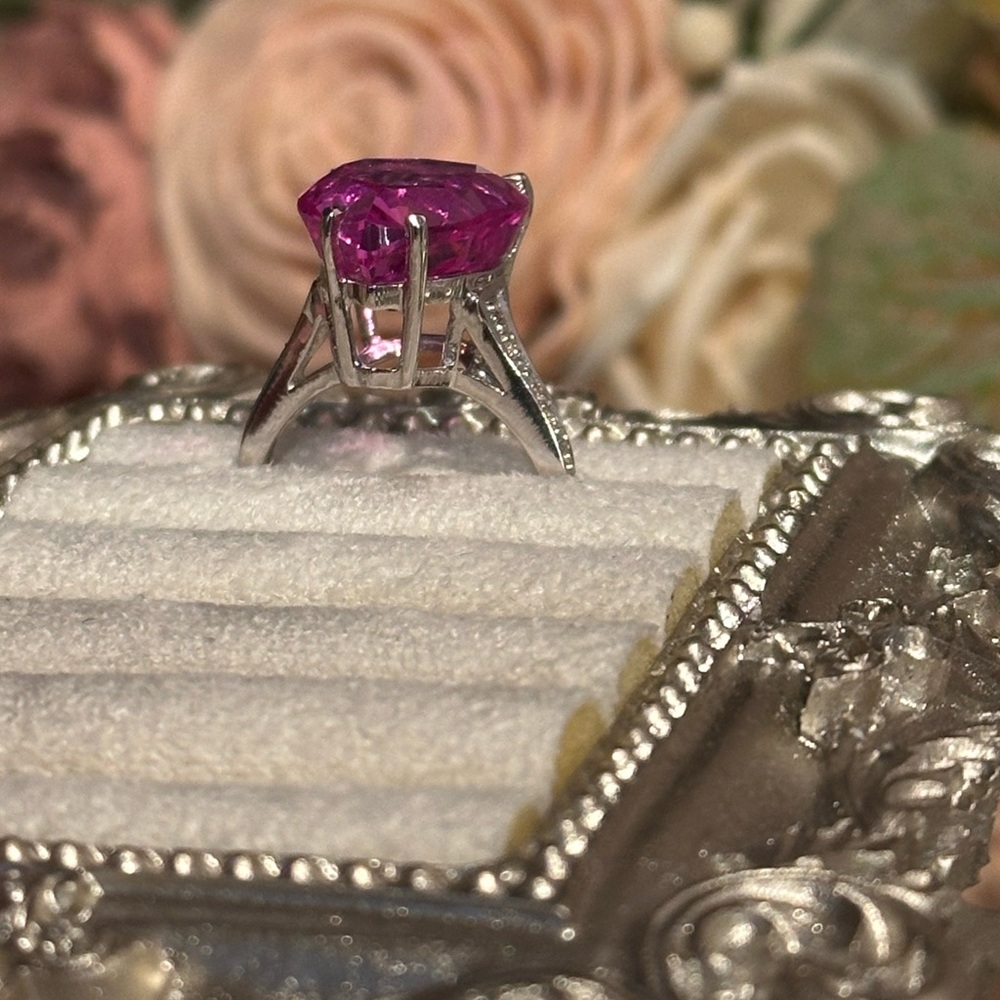 11ct Heart Pink Sapphire Ring White Gold plated over Sterling Silver - Picture 5 of 8